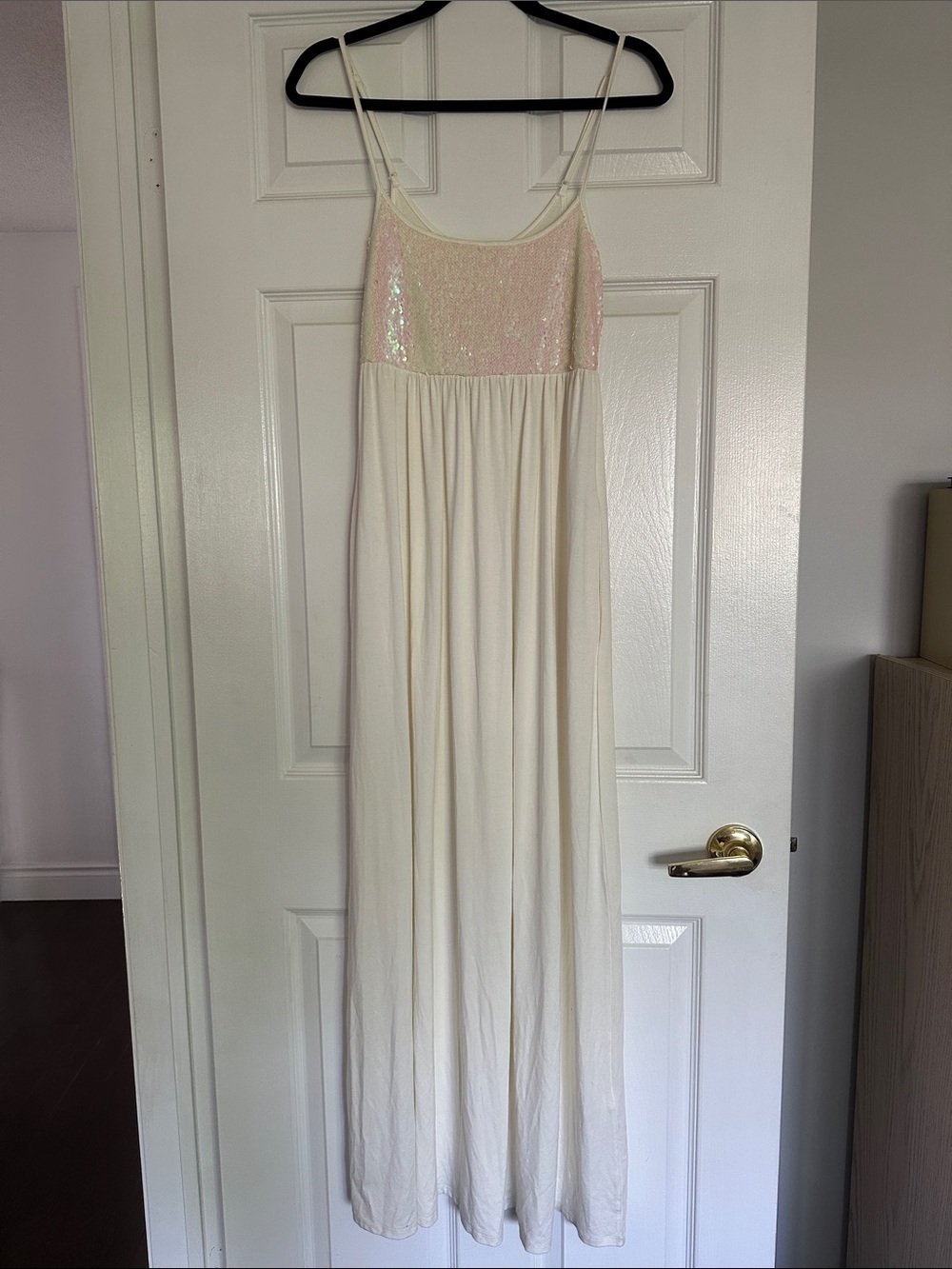 Twin-Set Ivory Maxi Dress with Pink Sequin Bodice w Pockets!